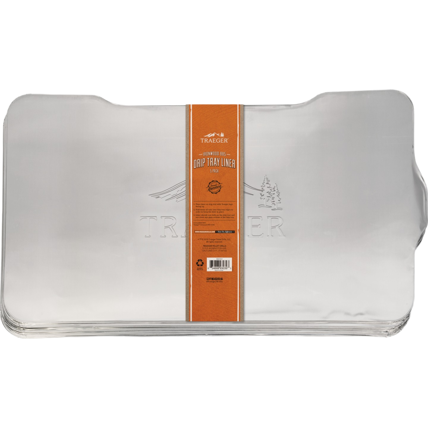 Set of five aluminum drip tray liners with packaging for outdoor grill accessories and grilling cleanup