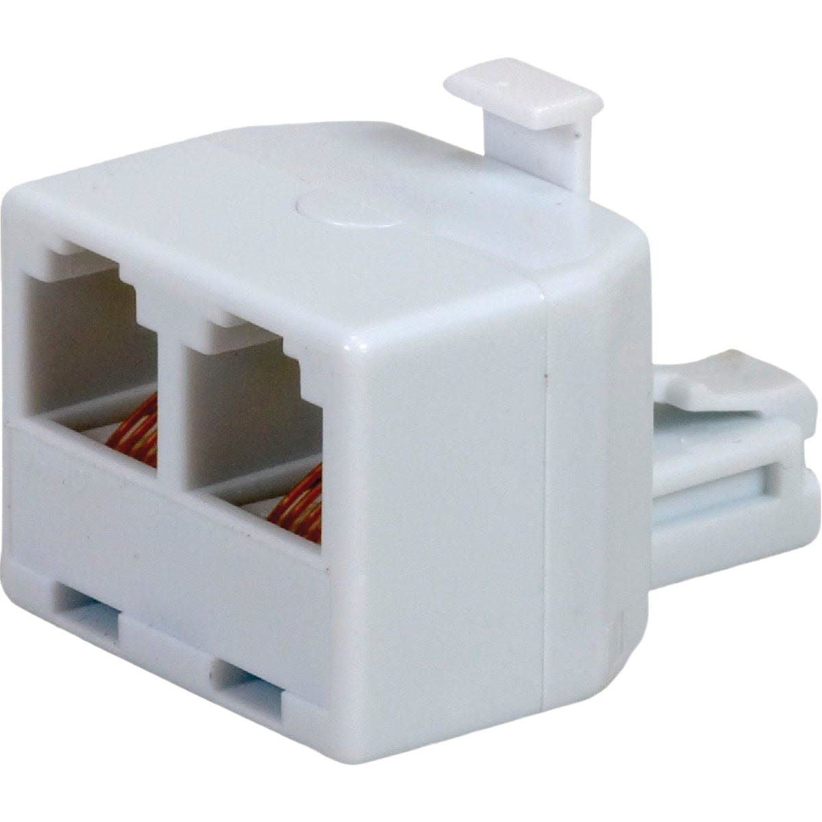 White plastic modular outlet phone splitter plug with two ports for electrical and wire connections in home improvement use