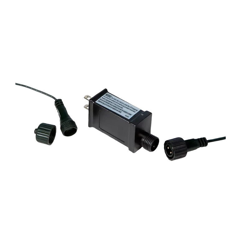 Black outdoor power adapter with threaded waterproof connectors for secure LED light string connections