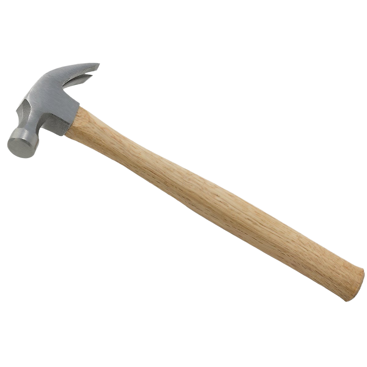 Curved claw hammer with wooden handle and metallic head suitable for home improvement and general tool use