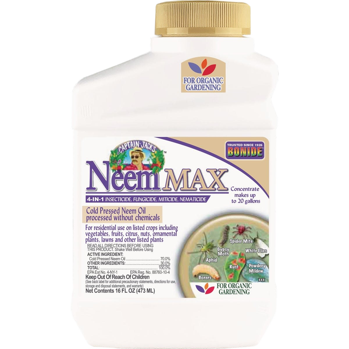 White and gold bottle of Bonide Neem Oil insect and disease treatment for organic gardening and pest control