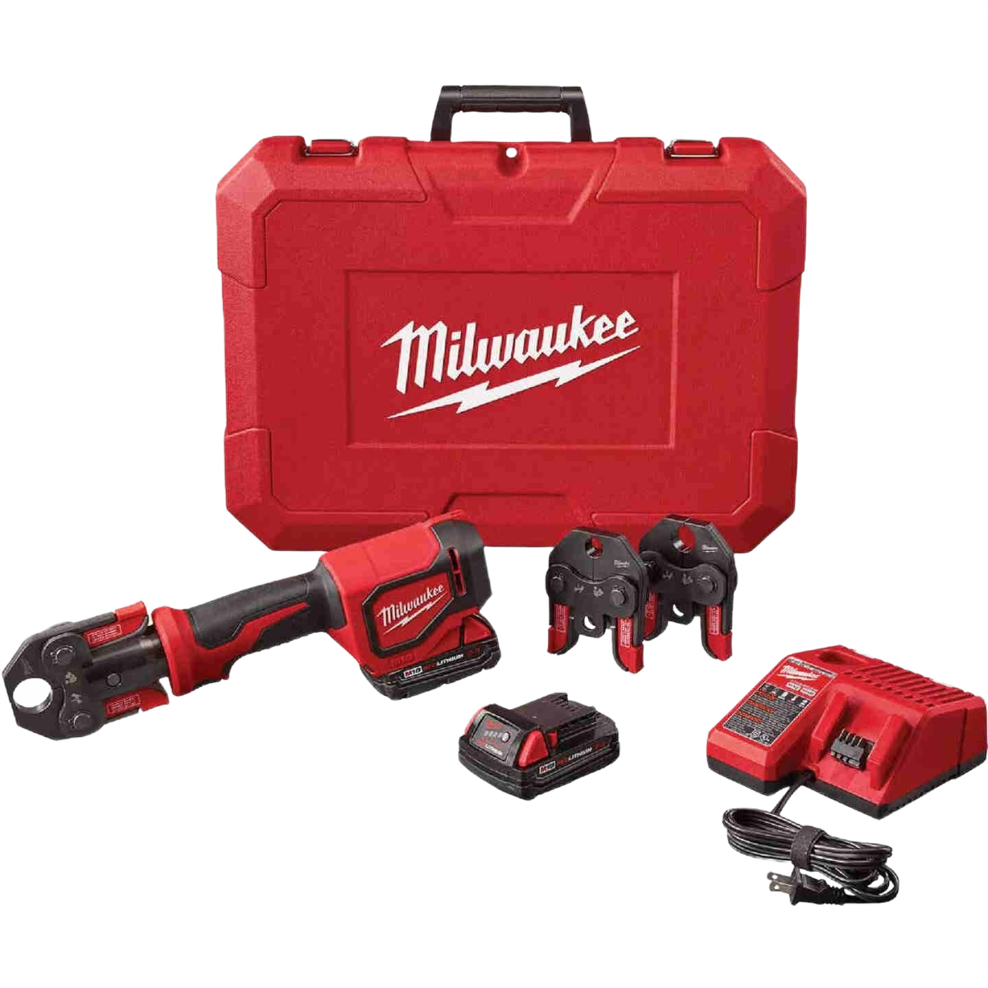 Red cordless pressing tool set with crimp jaws, battery, charger, and branded carrying case for home improvement tasks