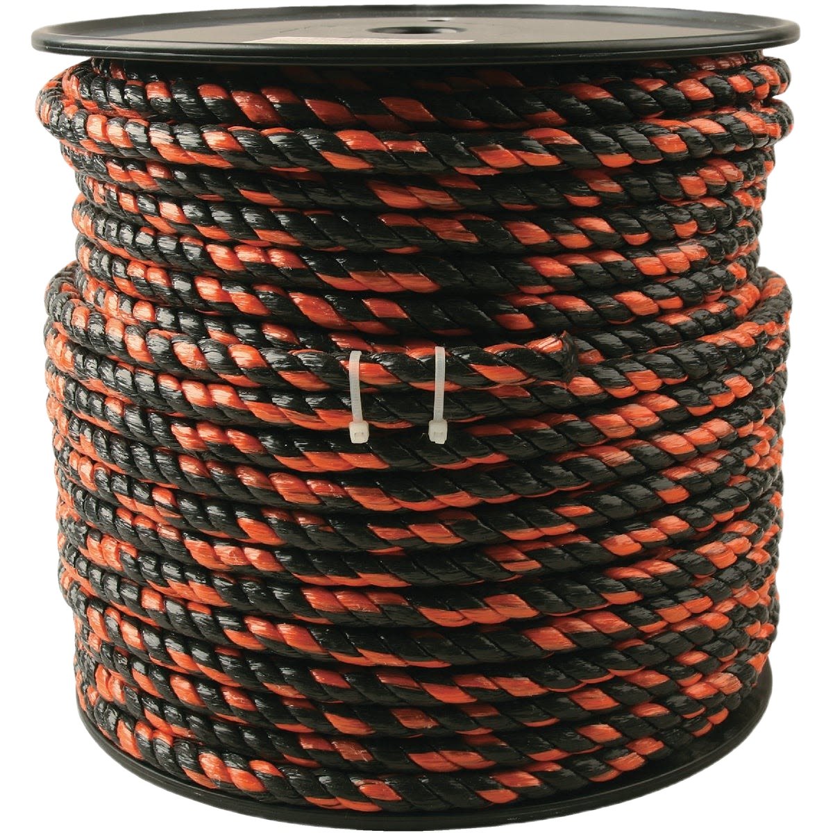 Bulk spool of black and orange twisted polypropylene rope designed for heavy-duty tools and home improvement use