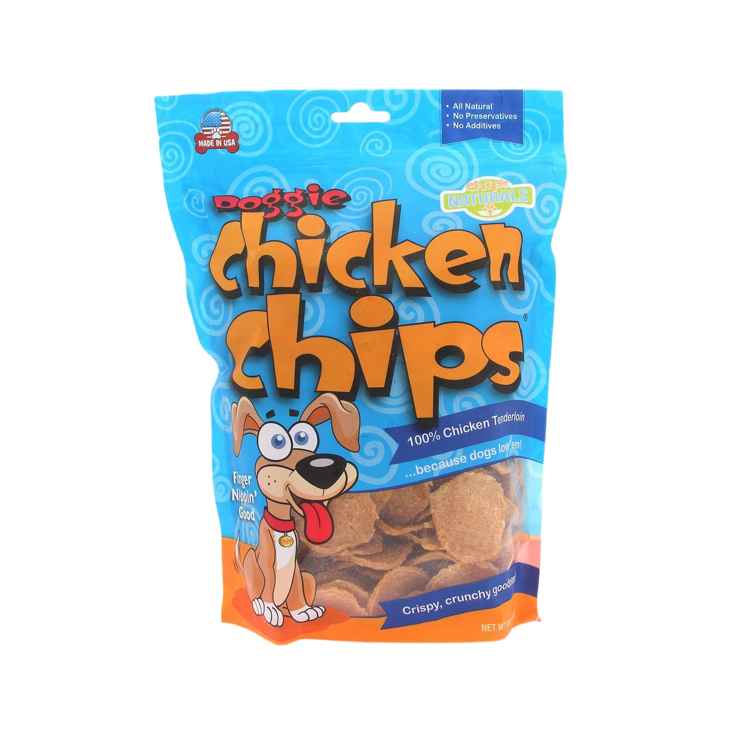 Blue packaging of Chip's Naturals chicken dog treats in 4 oz size from pet supplies and treats collections
