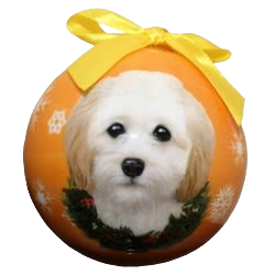 Orange Christmas ball ornament featuring a hand-painted Cockapoo dog with wreath and yellow ribbon for holiday decor collections