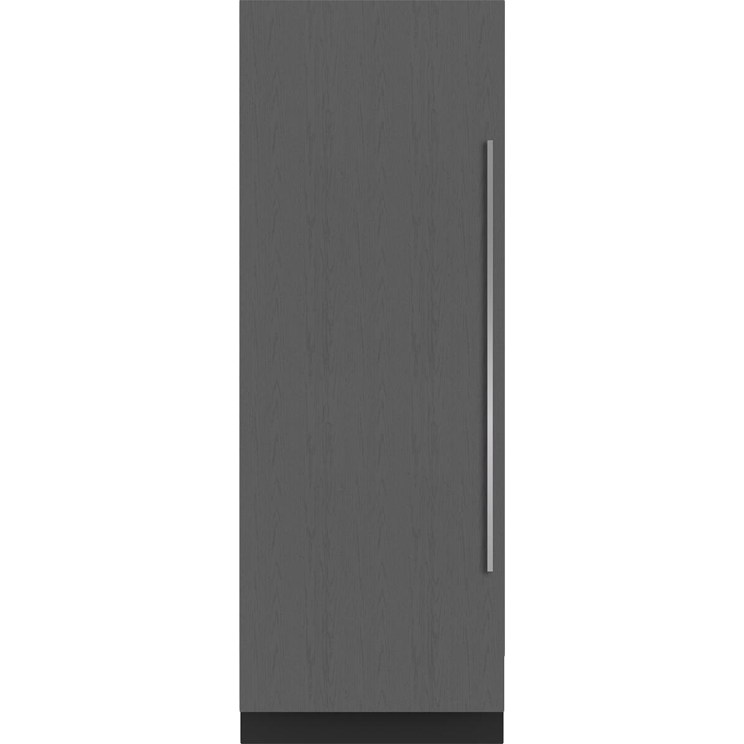 Tall column freezer with left side stainless steel handle, integrated wood panel door for kitchen appliances collection