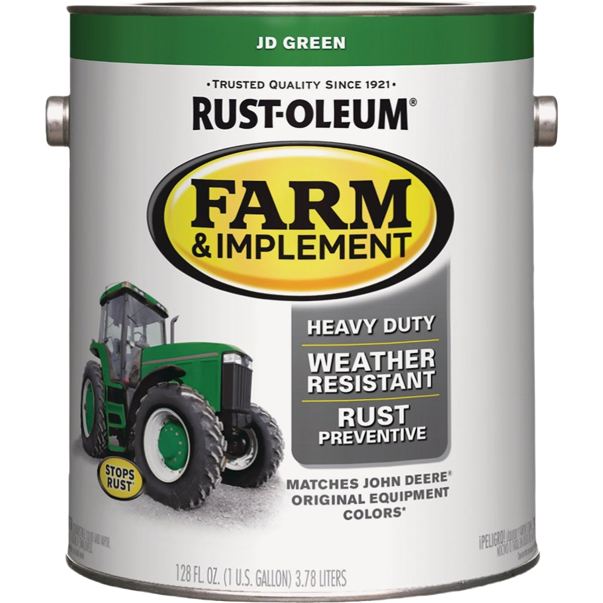 One gallon container of John Deere green gloss enamel paint with rust-preventive, weather-resistant formula for home improvement