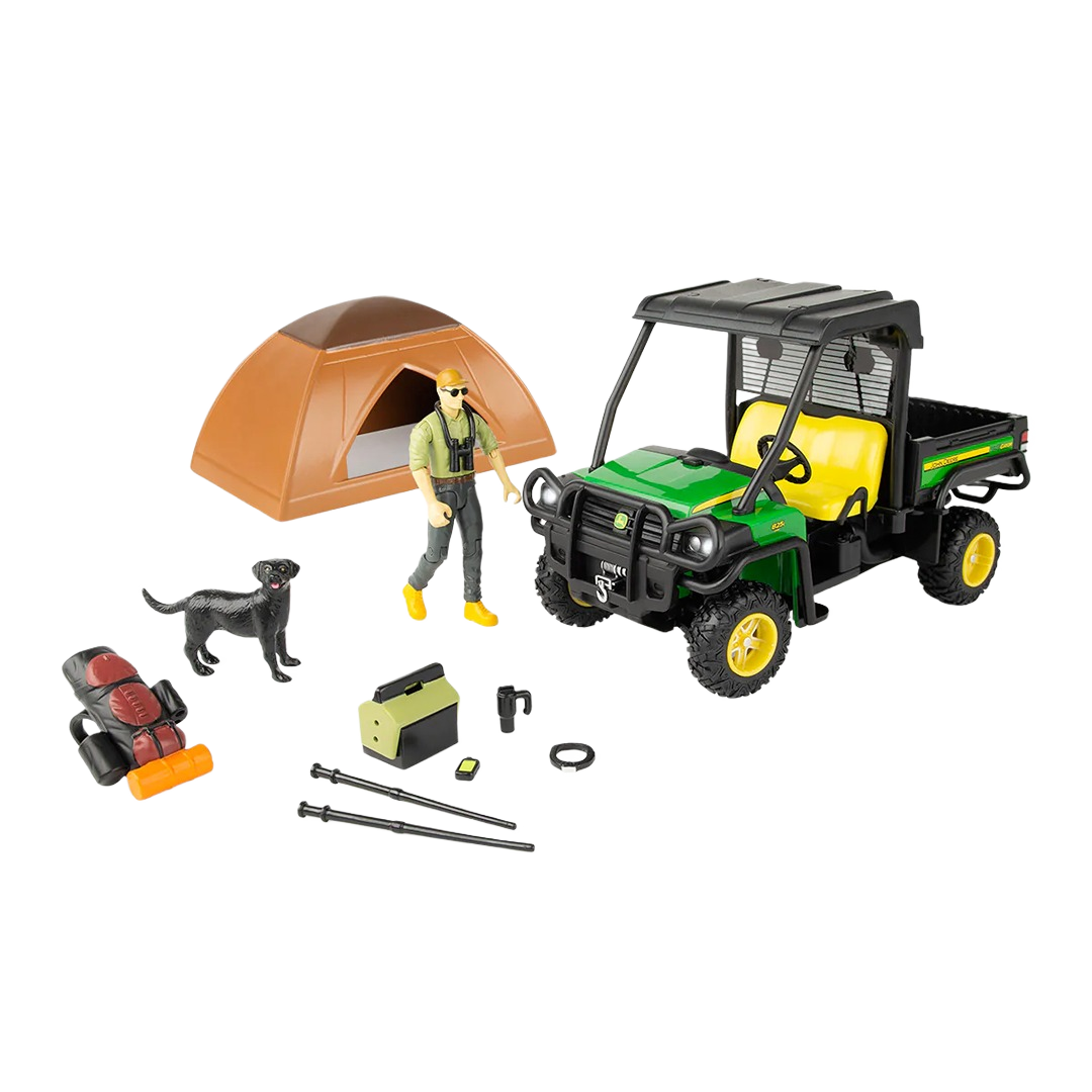 Green and yellow toy utility vehicle with camping tent, figure, dog, and outdoor accessories set