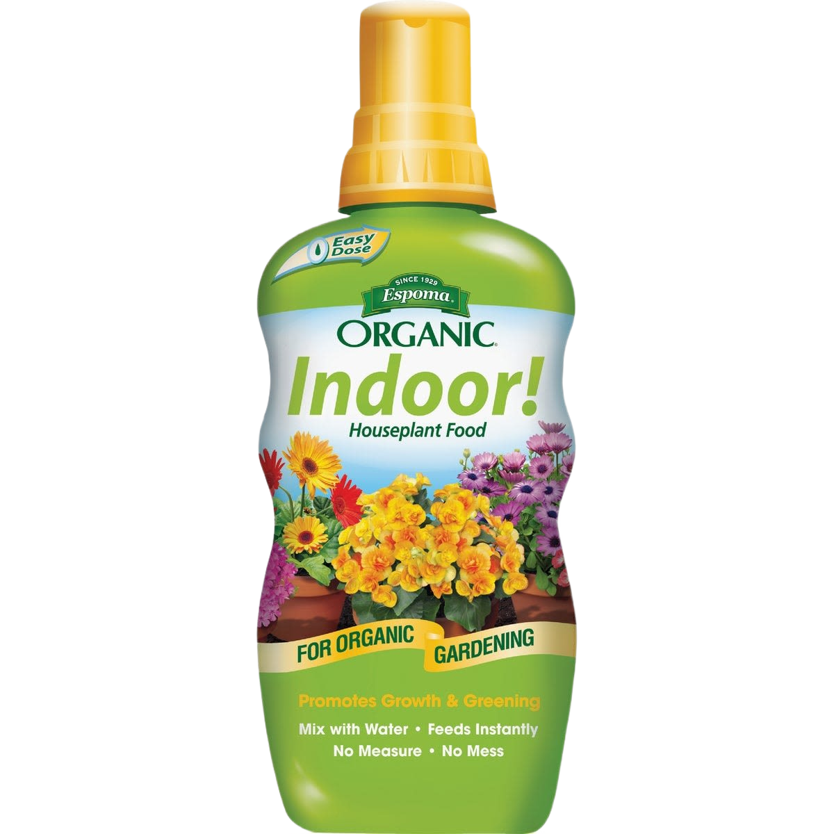 Green bottle of organic indoor houseplant food with yellow cap for plant care and lawn & garden collections