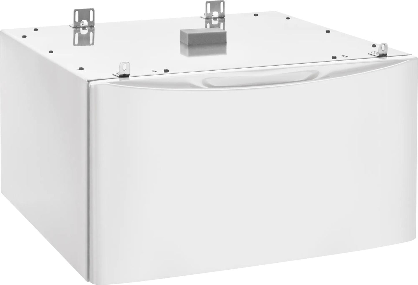 White laundry pedestal featuring a smooth-glide storage drawer and metal mounting brackets for appliance accessories