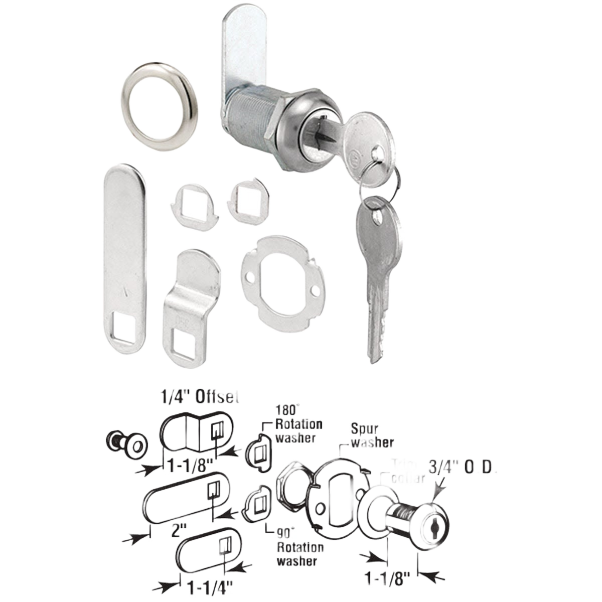 Chrome-finished cabinet lock with keys and mounting hardware for home improvement in hardware and locks collections