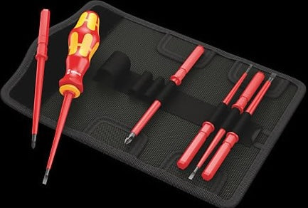 Red insulated precision screwdrivers with ergonomic handles and compact black tool pouch for safe electrical work