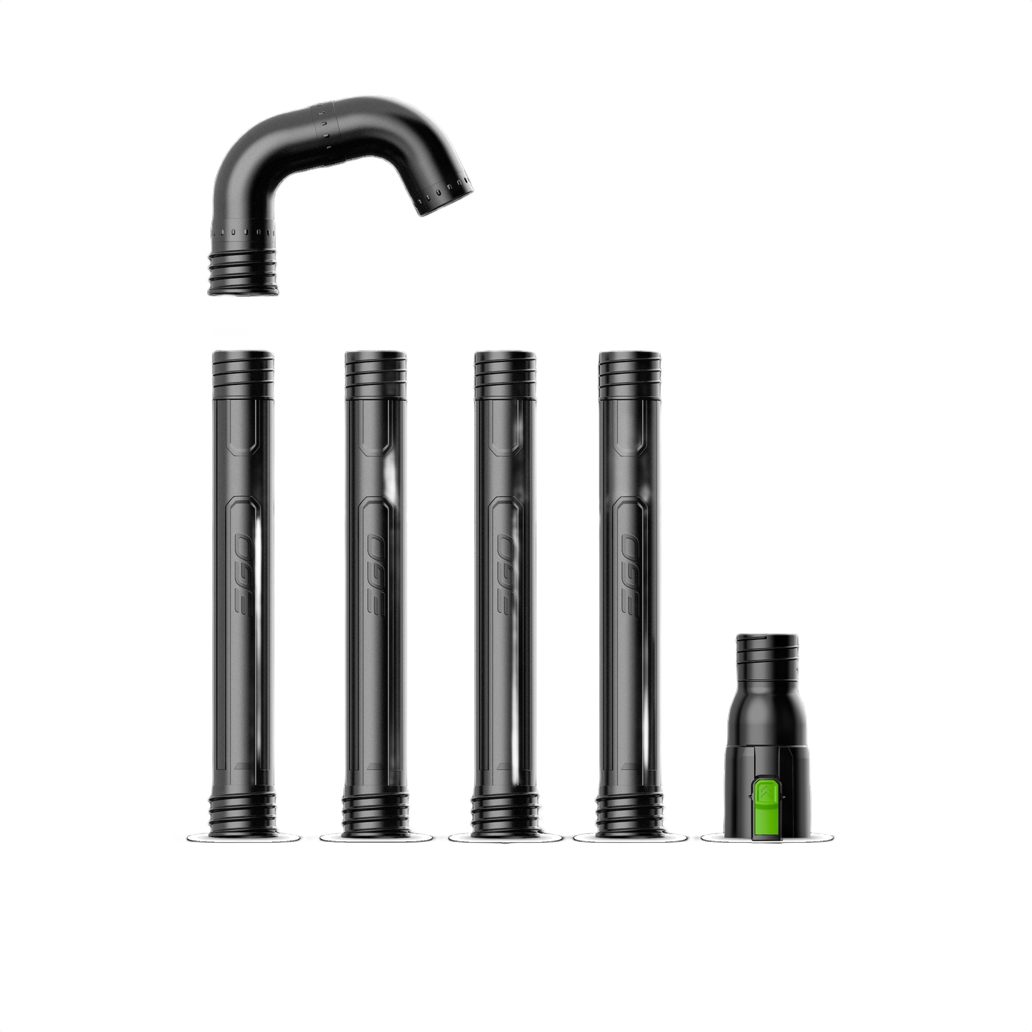 Set of black plastic extension tubes and curved attachment designed for gutter cleaning with compatible leaf blower tools collection