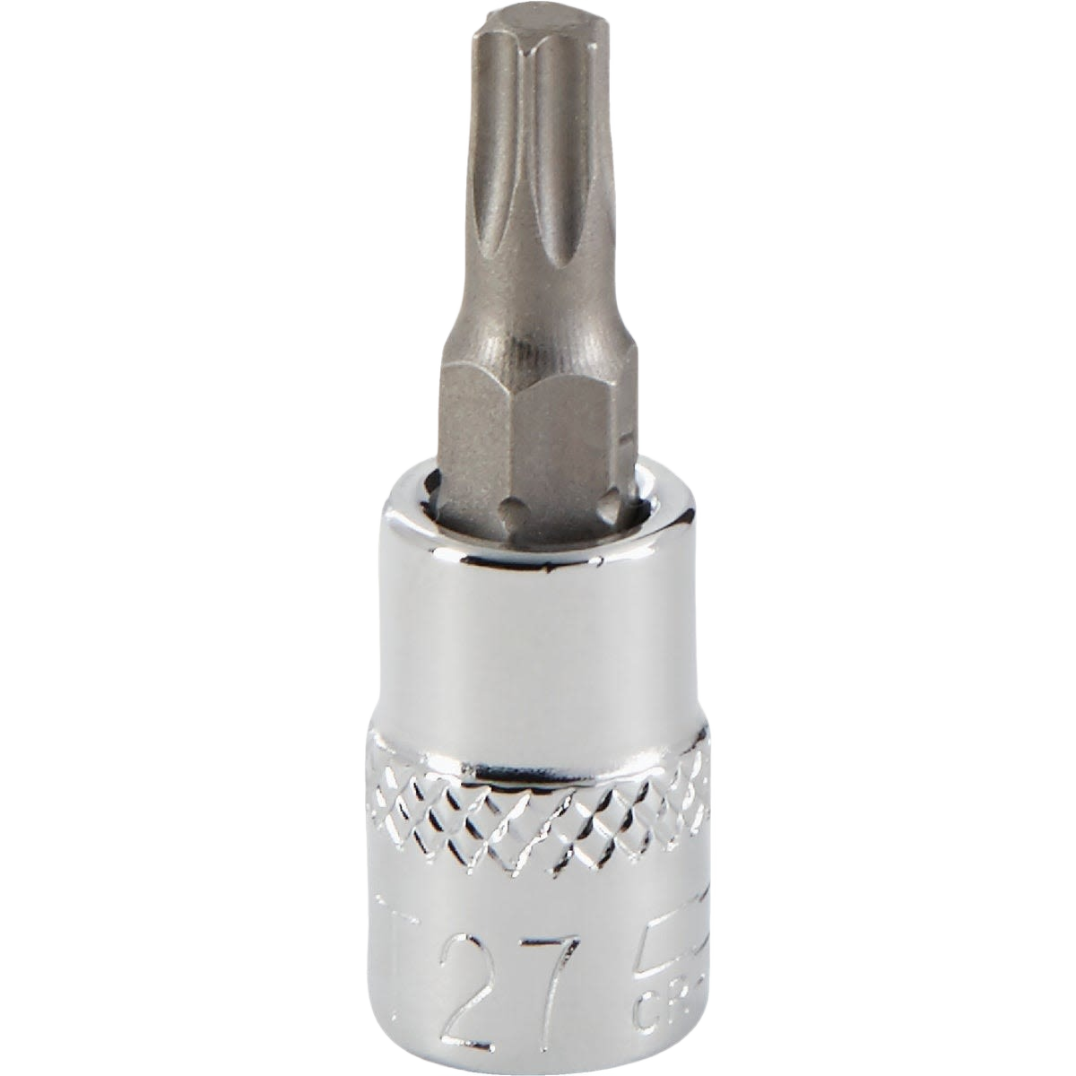Polished chrome vanadium 1/4 inch drive T27 torx bit socket with textured grip for hand and woodworking tools collections