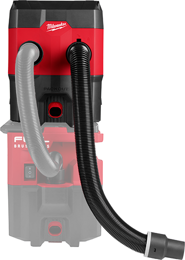 Red and black Milwaukee PACKOUT™ compact debris separator with flexible hoses for tools and home improvement tasks