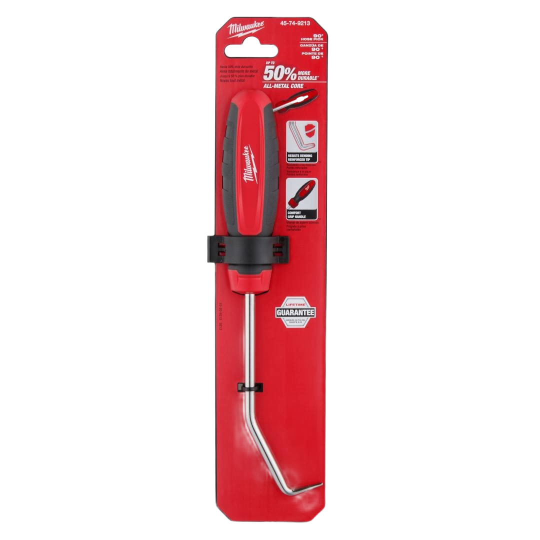 Red and black Milwaukee hose pick with ergonomic grip and angled metal hook for tools and home improvement tasks