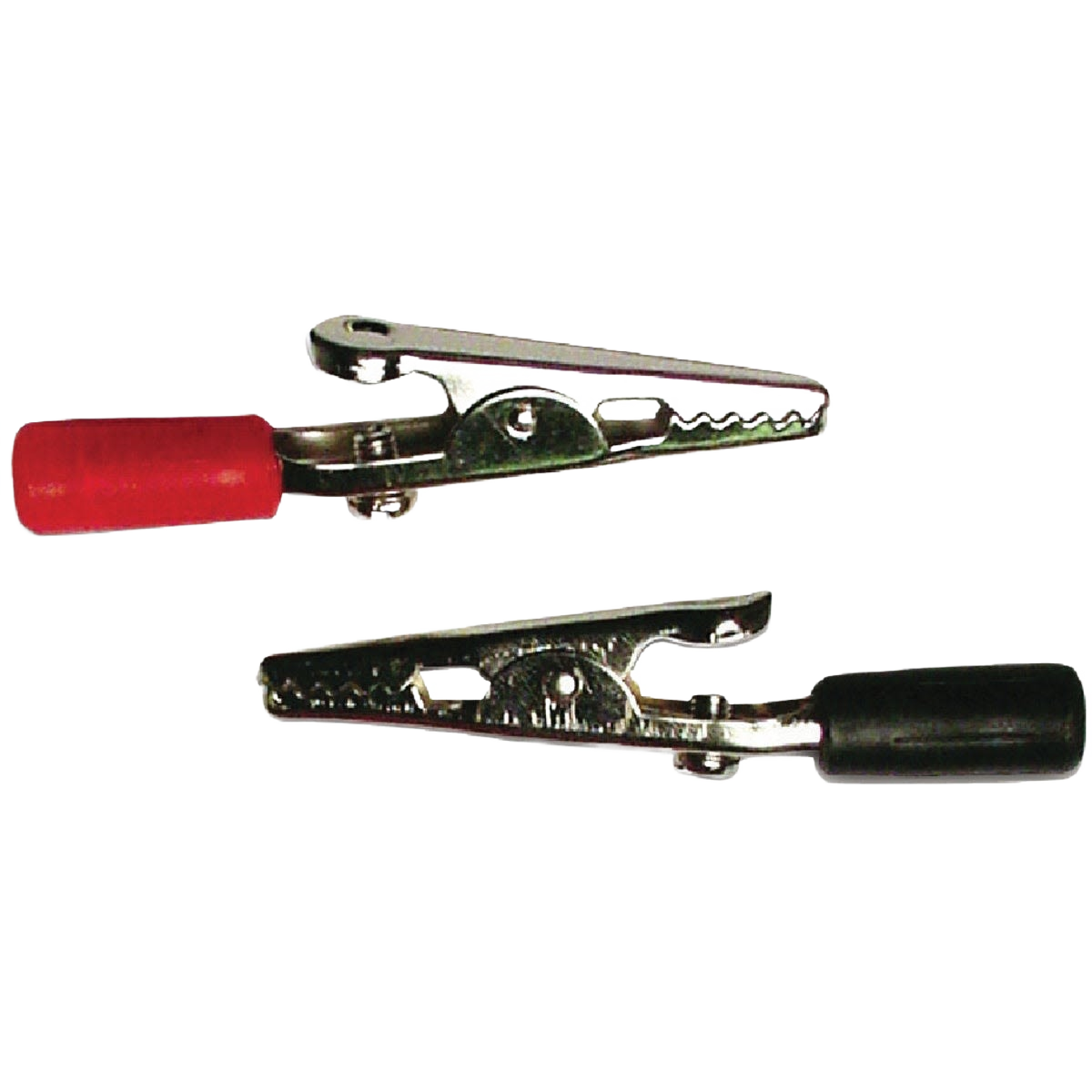 Pair of metal alligator clips with red and black insulated grips for electrical and home improvement use
