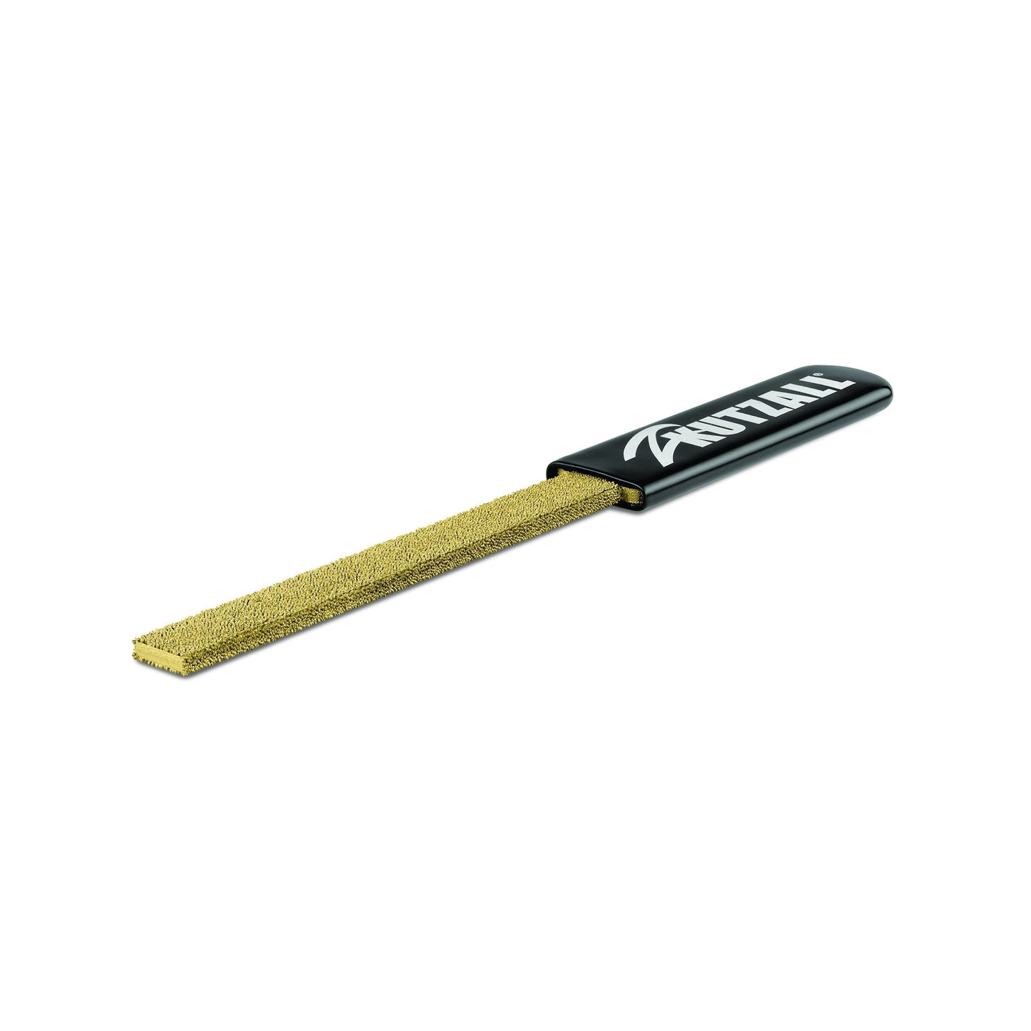 Fine flat hand rasp with black handle and gold abrasive surface for precise shaping in tools and home improvement projects