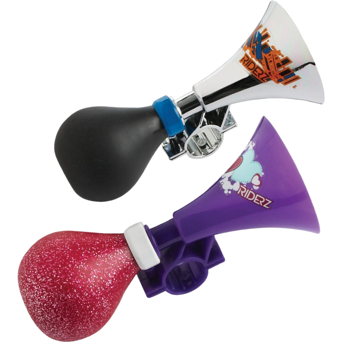 Two colorful bicycle horns with rubber squeezers and clamp mounts for attachment in bicycles and accessories under $50 collection