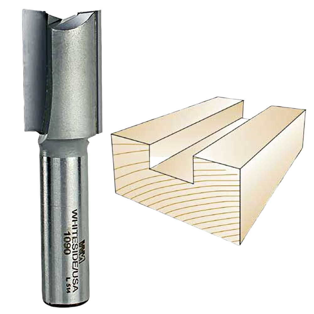 Whiteside straight bit router tool with carbide tip alongside a wood groove for woodworking and home improvement tasks