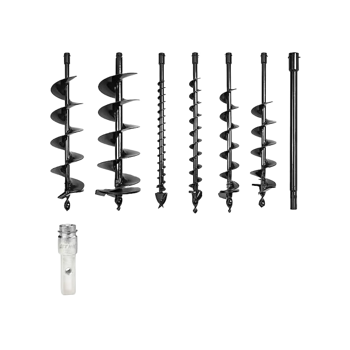 Set of black STIHL earth auger bits and accessories designed for soil drilling in home improvement tools collection