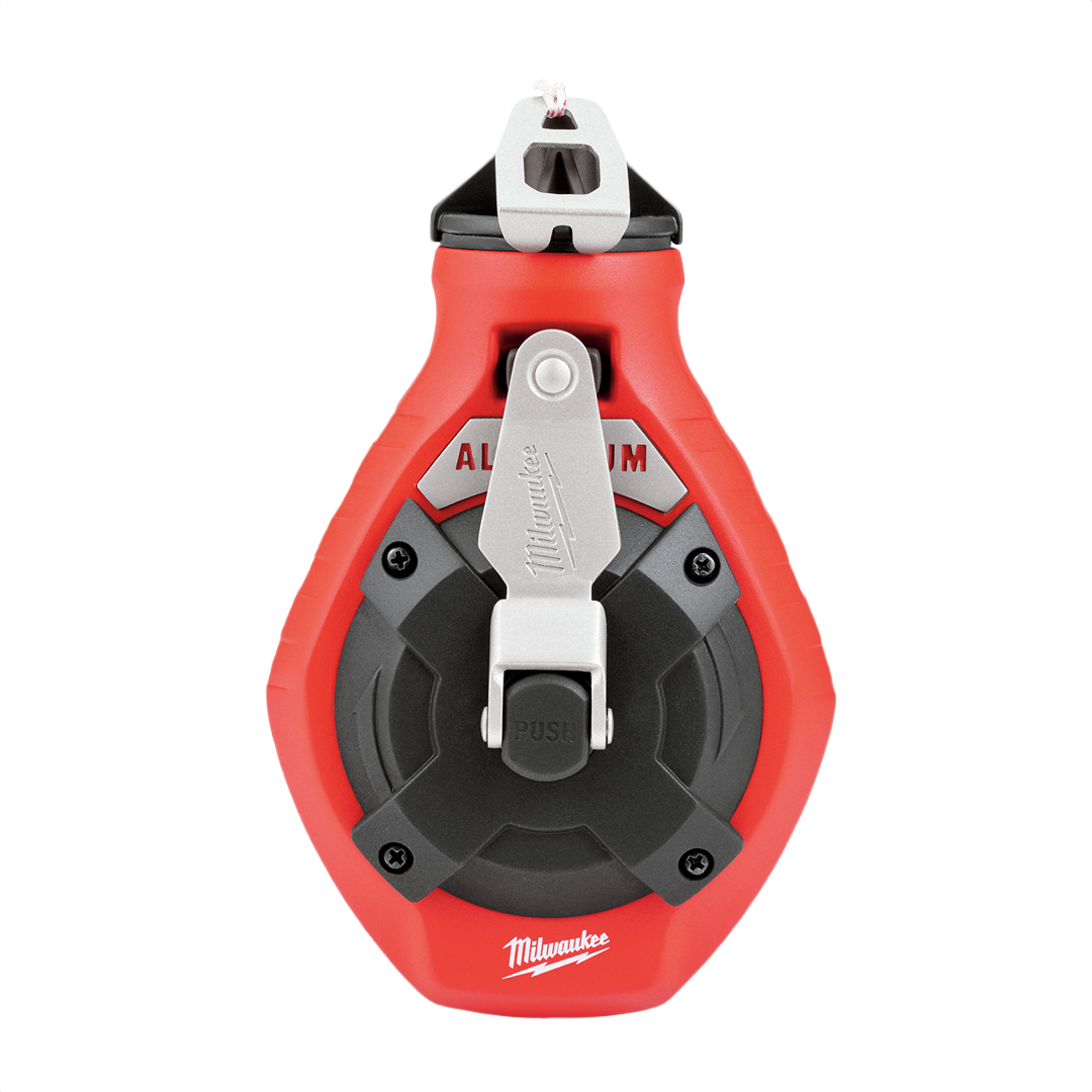 Red Milwaukee fine line chalk reel with aluminum housing and metal clip for precise marking in woodworking and home improvement tasks