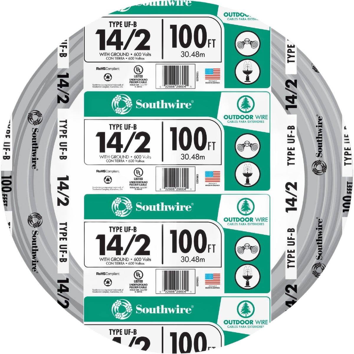 Spool of green and white labeled 14 AWG 2-conductor outdoor electrical wire for home improvement projects