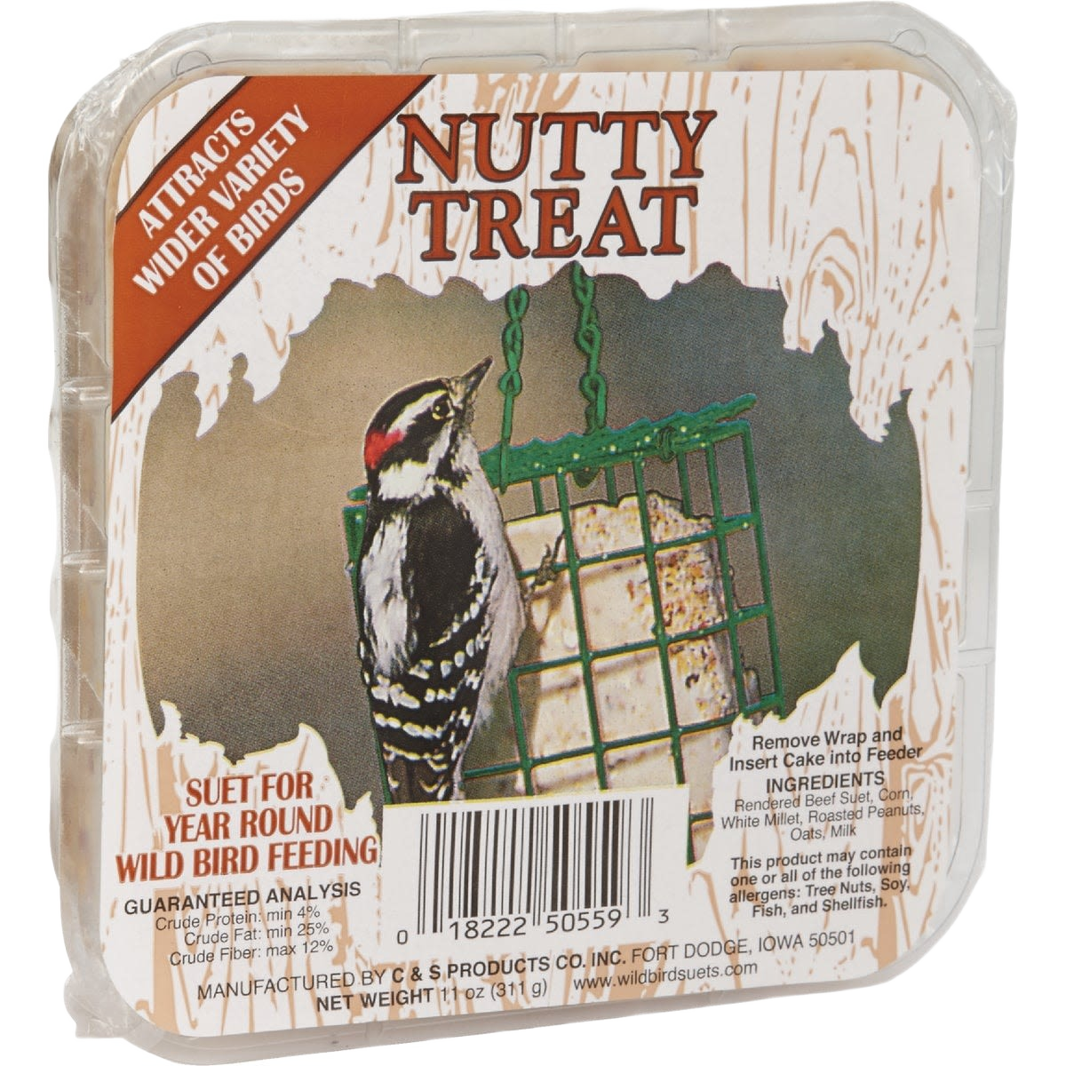 Square wild bird suet cake in green plastic feeder designed to attract a variety of birds year-round