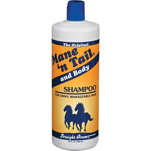 Plastic bottle of Mane 'N Tail shampoo with orange label and blue cap for shiny, manageable hair care