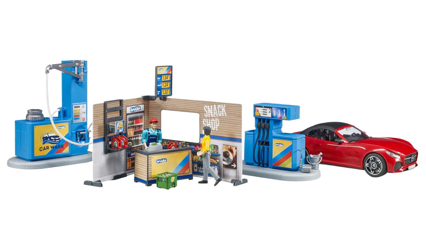 Blue and yellow toy gas station and car wash set with red sports car, snack shop, and two human figurines