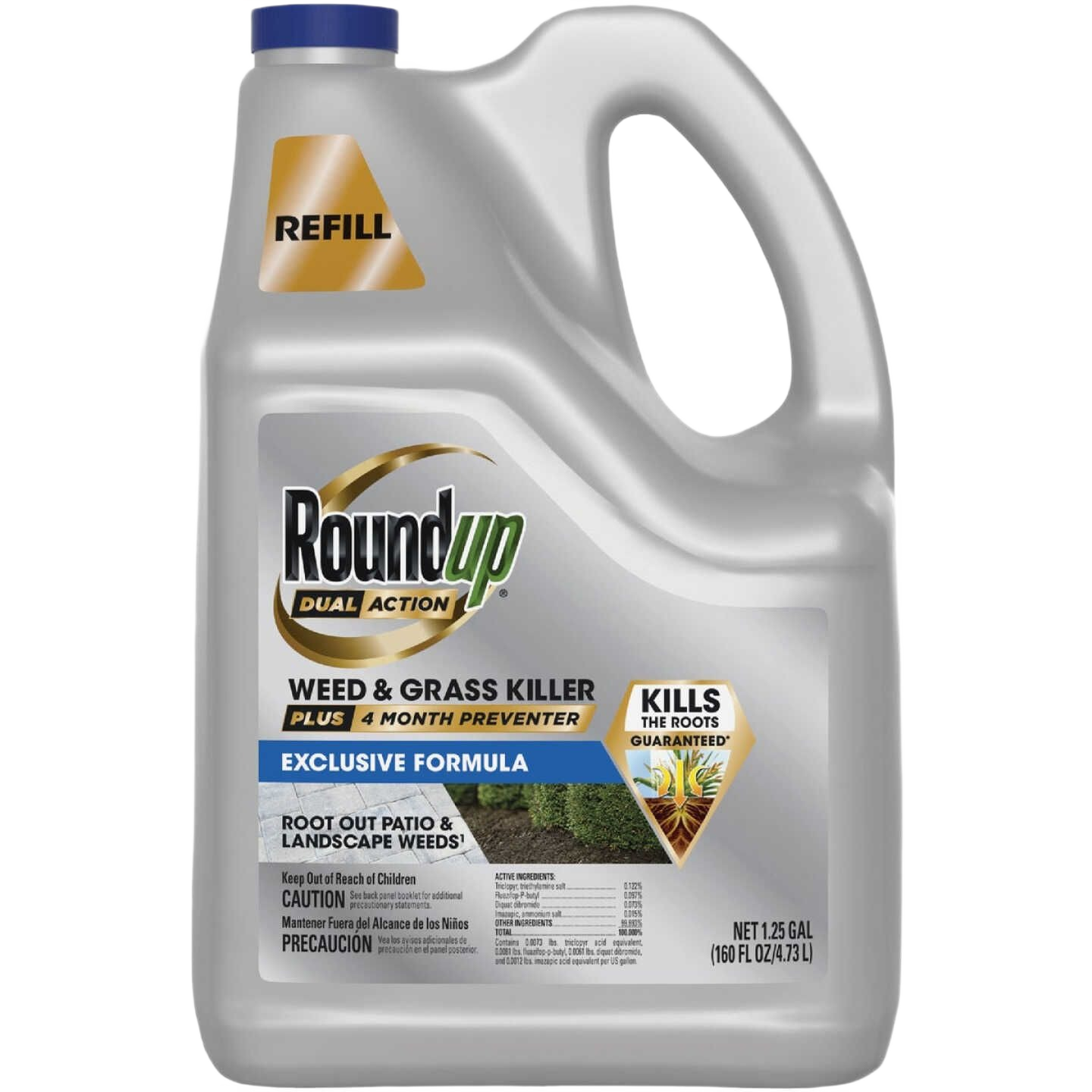 Gray plastic container of Roundup Dual Action weed and grass killer refill for lawn care in Round Up collection under $50