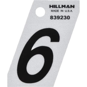Black adhesive house number 6 with silver angle-cut backing for durable outdoor address display in home improvement collections