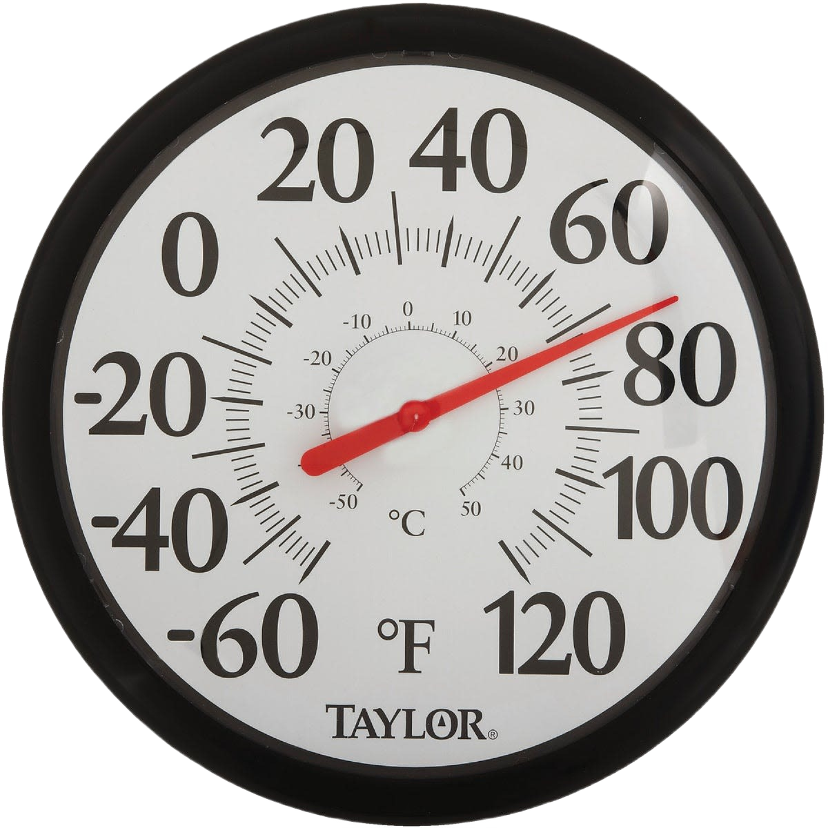 Outdoor wall thermometer with Fahrenheit and Celsius scales, black frame, clear numbers for weather stations and lawn care