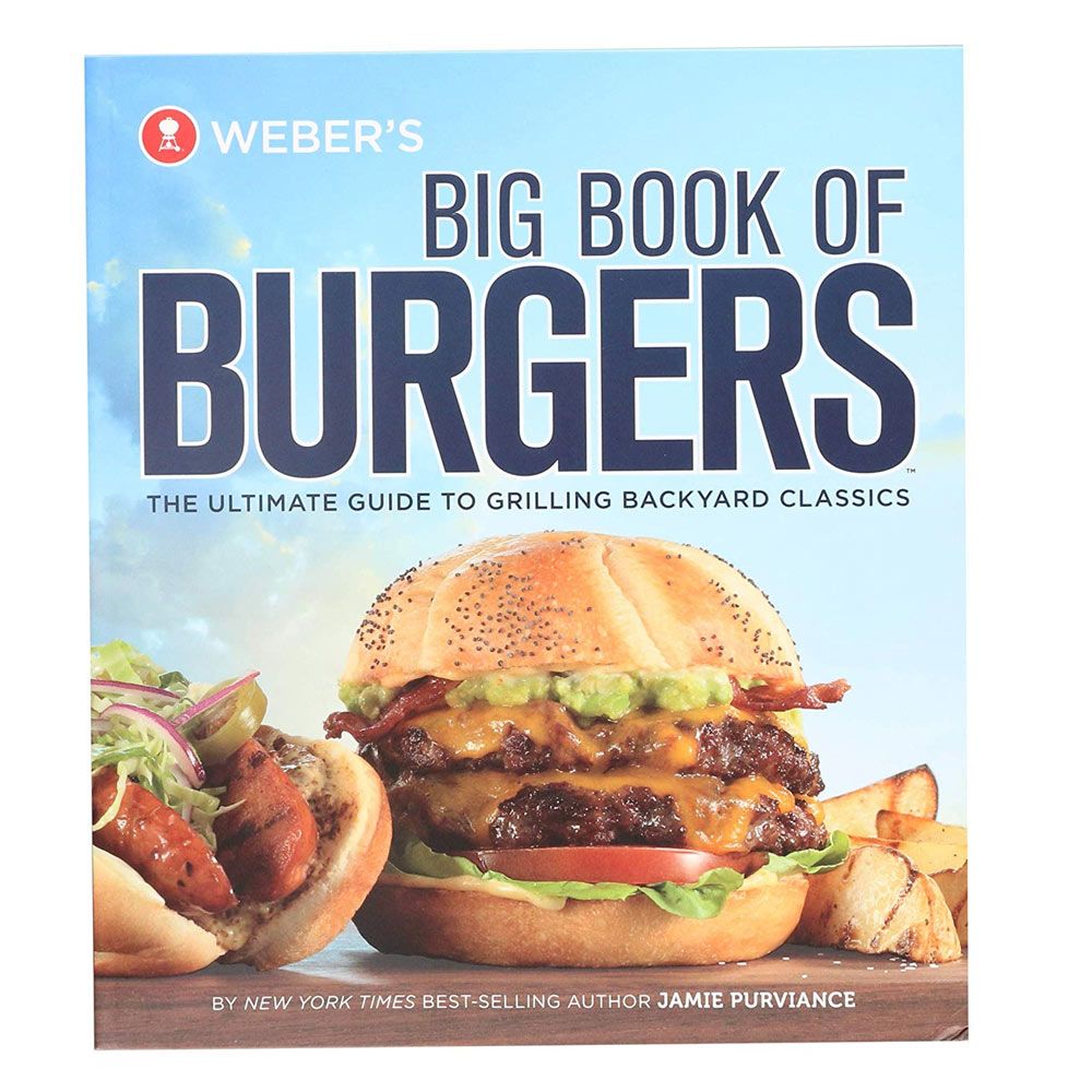 Cookbook cover featuring a double cheeseburger and hot dog with fries for grilling and outdoor living enthusiasts under $50