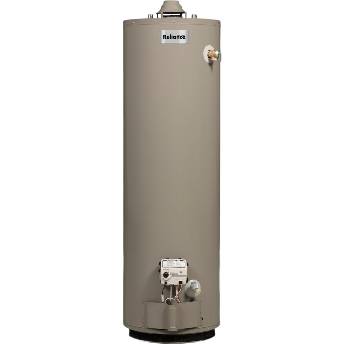 Tall natural gas water heater with beige steel tank designed for residential home improvement and plumbing needs