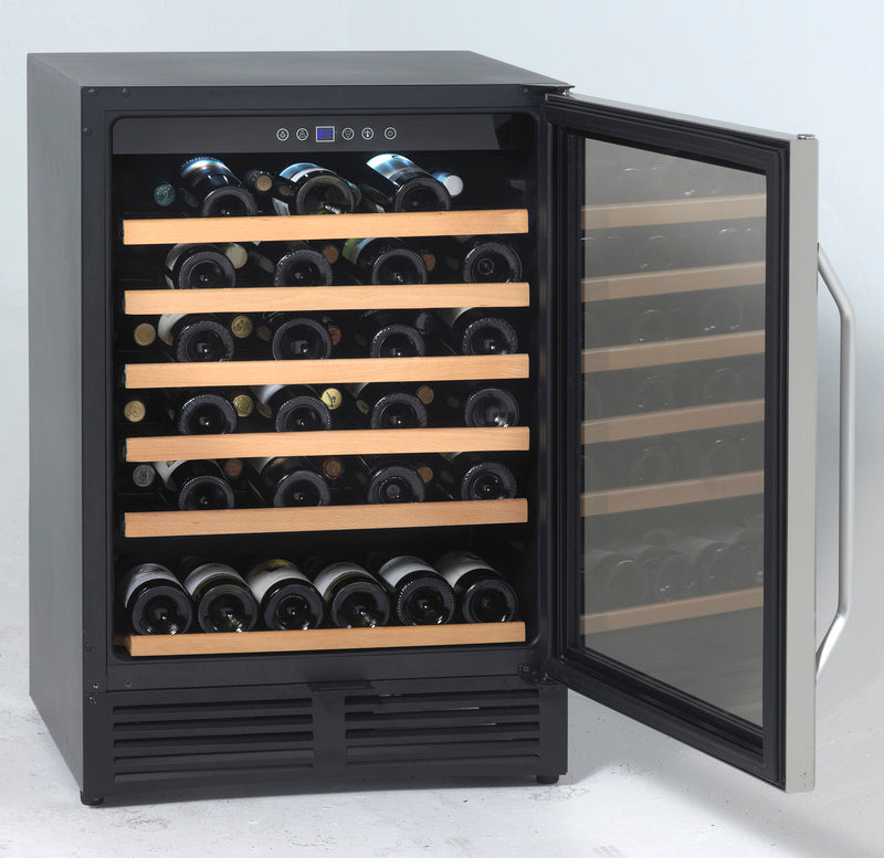 Under-counter 50 bottle wine chiller with wooden shelves, glass door, digital controls, and ventilation grille for kitchen appliances collections