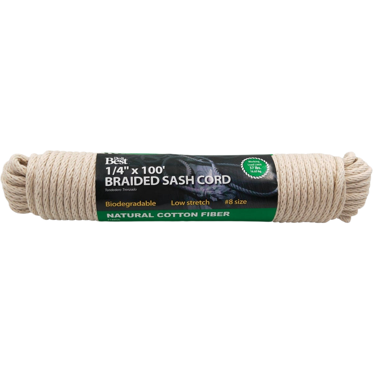 White braided cotton sash cord roll with biodegradable and low stretch features for home improvement projects