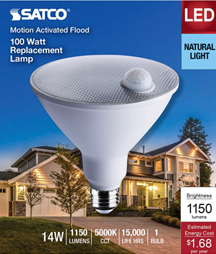 Energy-efficient 14 watt LED flood light bulb with motion sensor for outdoor home security and lighting use