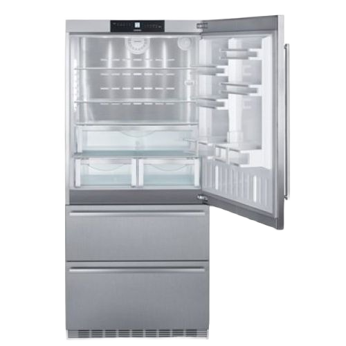Stainless steel fridge-freezer with NoFrost technology featuring open doors and spacious interior shelving in kitchen appliance setting