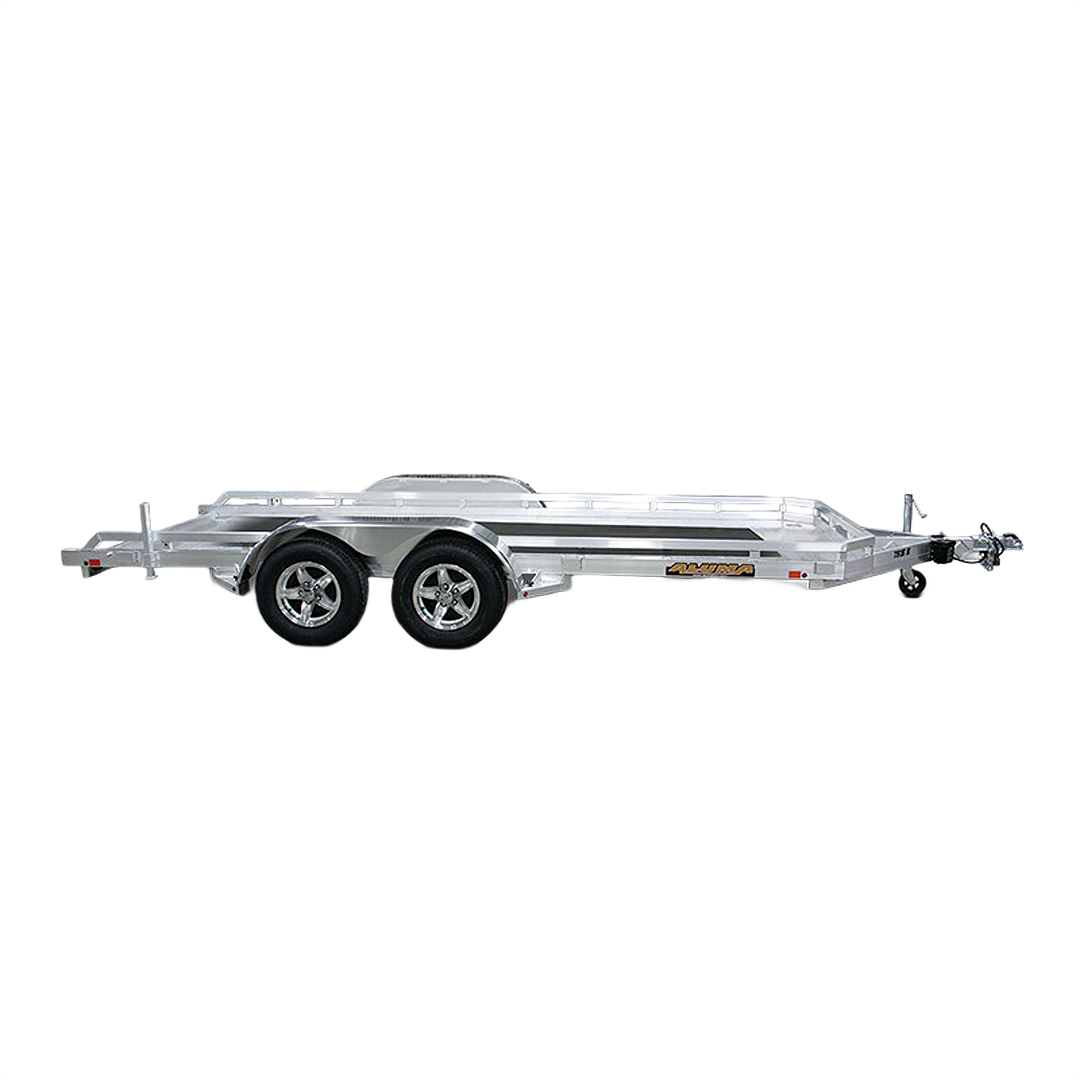 Aluminum tandem axle utility trailer with flatbed design and dual wheels for tools and home improvement use