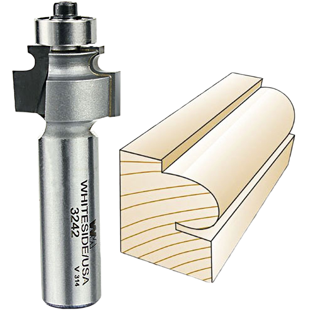 Carbide-tipped edge beading router bit next to wood molding with rounded decorative bead profile for woodworking tools