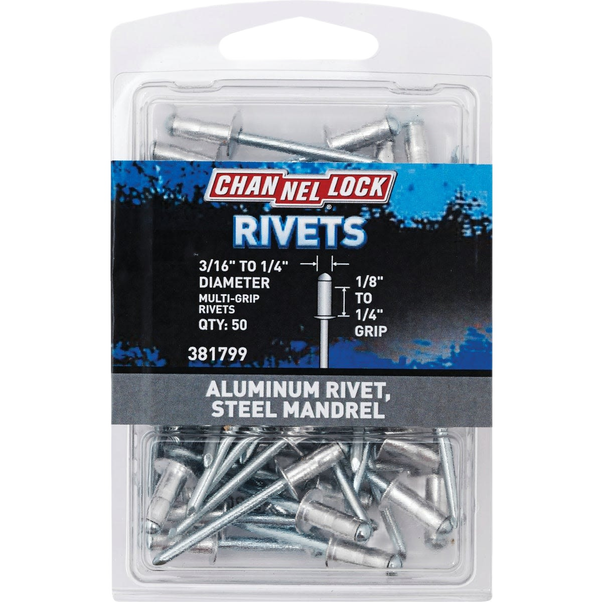 Clear plastic pack of aluminum multi-grip rivets with steel mandrels for hardware and fastener tool collections under $50