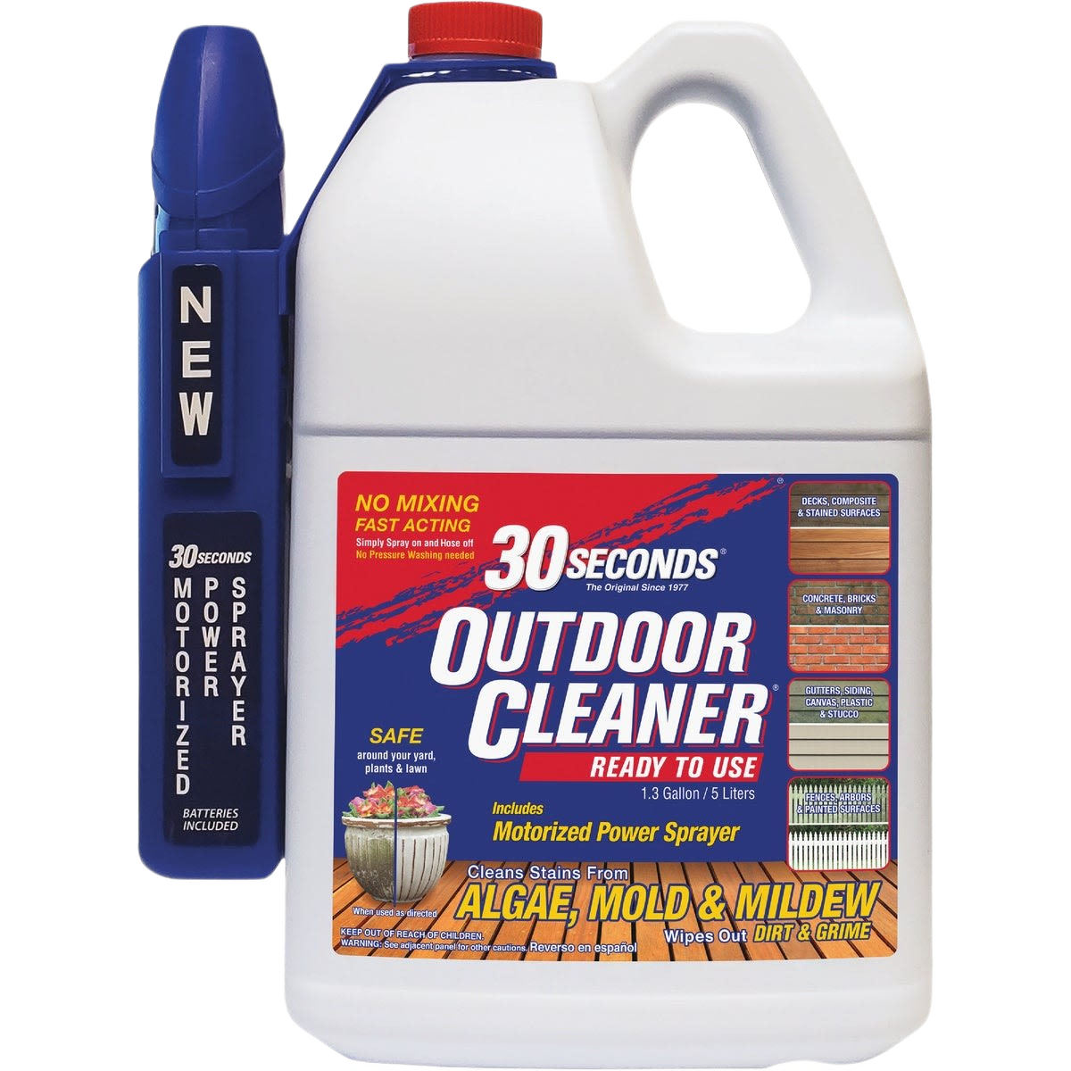 1.3 gallon container of outdoor cleaner with motorized sprayer for removing algae, mold, mildew from decks and concrete surfaces