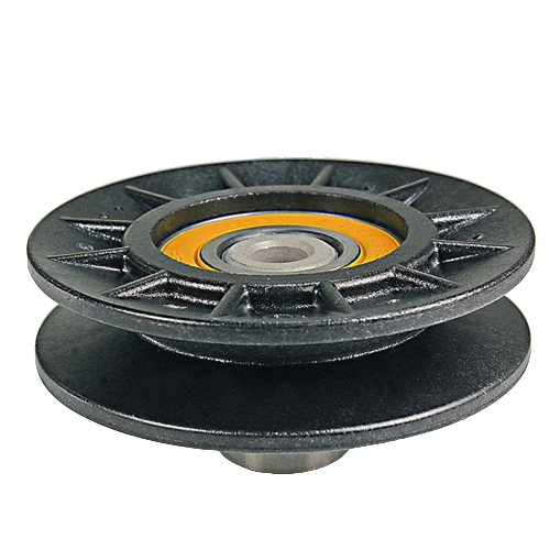 Black metal V-idler pulley with integrated bearing for transmission drive in automotive and mechanic tools accessories