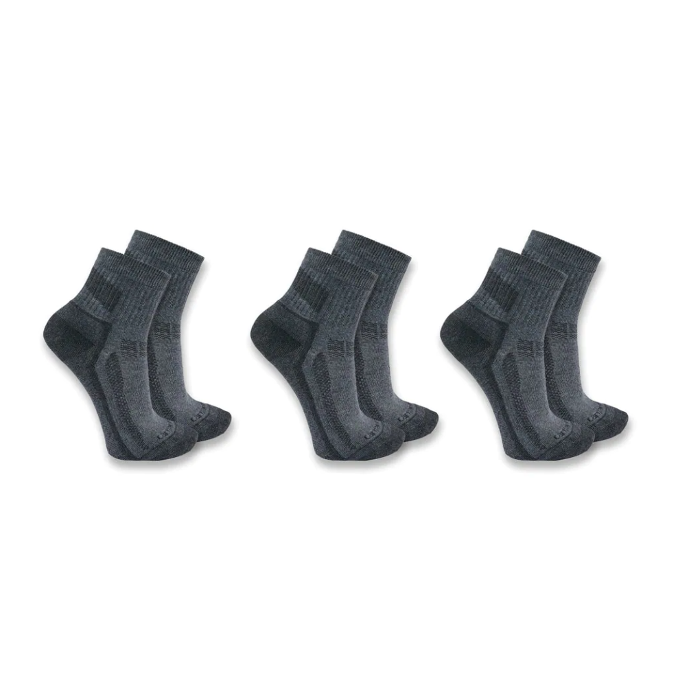 Three pairs of charcoal gray men's quarter socks designed for comfort in work and home settings