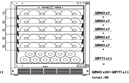 Technical schematic of a dual zone wine cooler interior showing shelf spacing and bottle capacity details, included in Refrigerators, Beverage Centers, Kitchen & Kitchenware, Appliances at Hartville Hardware.