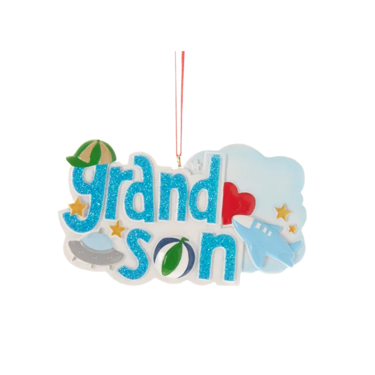 Blue glitter grandson ornament with spaceship, airplane, baseball cap, and heart for Christmas tree decoration under $50 collections