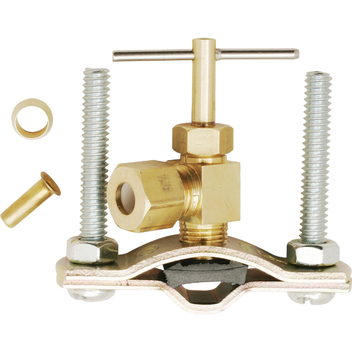 Brass self-piercing tap valve with steel clamps for secure plumbing installation in pipes & fittings collections under $50