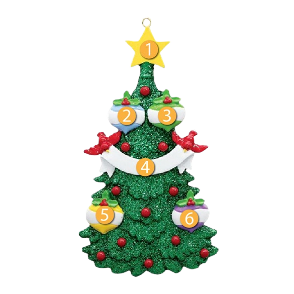 Green glitter Christmas tree ornament with red holly berries, colorful baubles, and yellow star topper for holiday décor