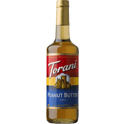 Clear glass bottle of peanut butter flavored syrup with red, yellow, and blue label from Drinks and Food & Beverage collections